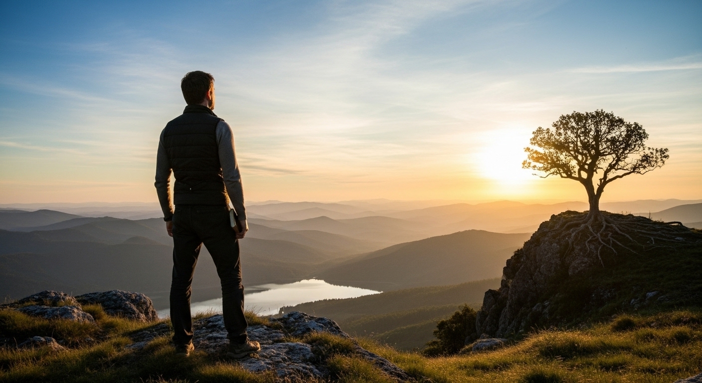 Ilustração da essência da fé, com elementos celestiais e uma figura em contemplação