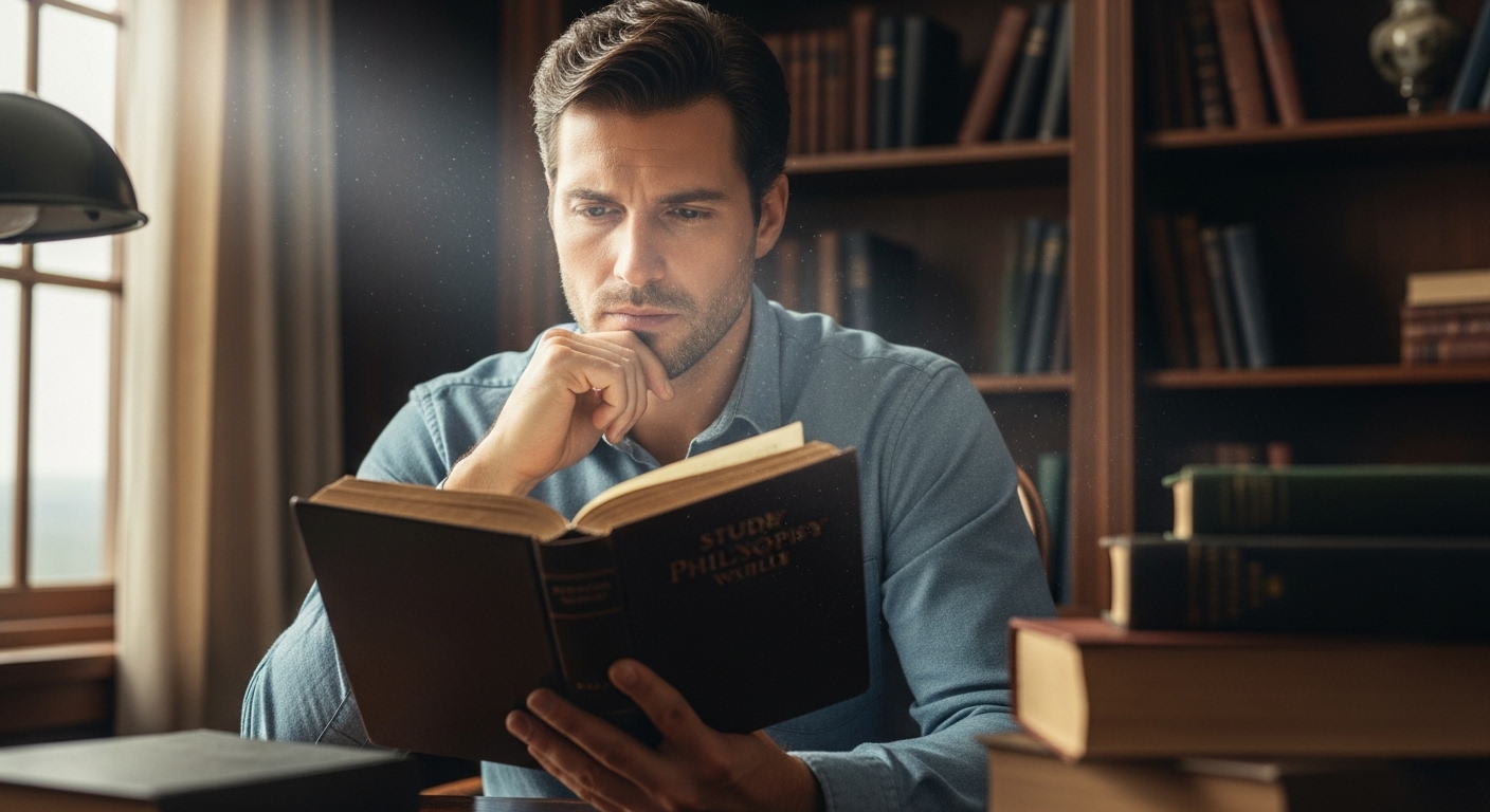 Ilustração de uma figura pisando em símbolos de mal, com uma luz celestial acima