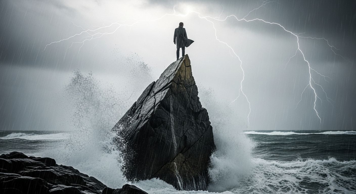 Ilustração de uma pessoa atravessando um vale nebuloso em direção a uma luz, simbolizando a superação da dúvida
