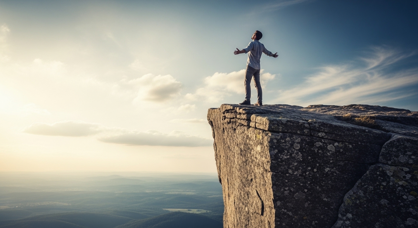 Ilustração de uma pessoa calma em meio a uma tempestade, com um farol de luz ao fundo